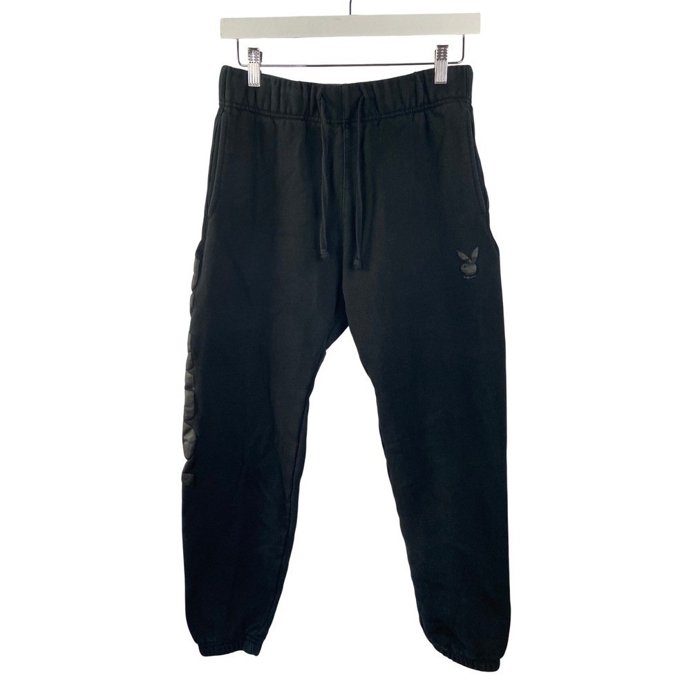 Playboy Mens Black Fleece Jogger Sweatpants Small Embroidered Bunny Logo Graphic